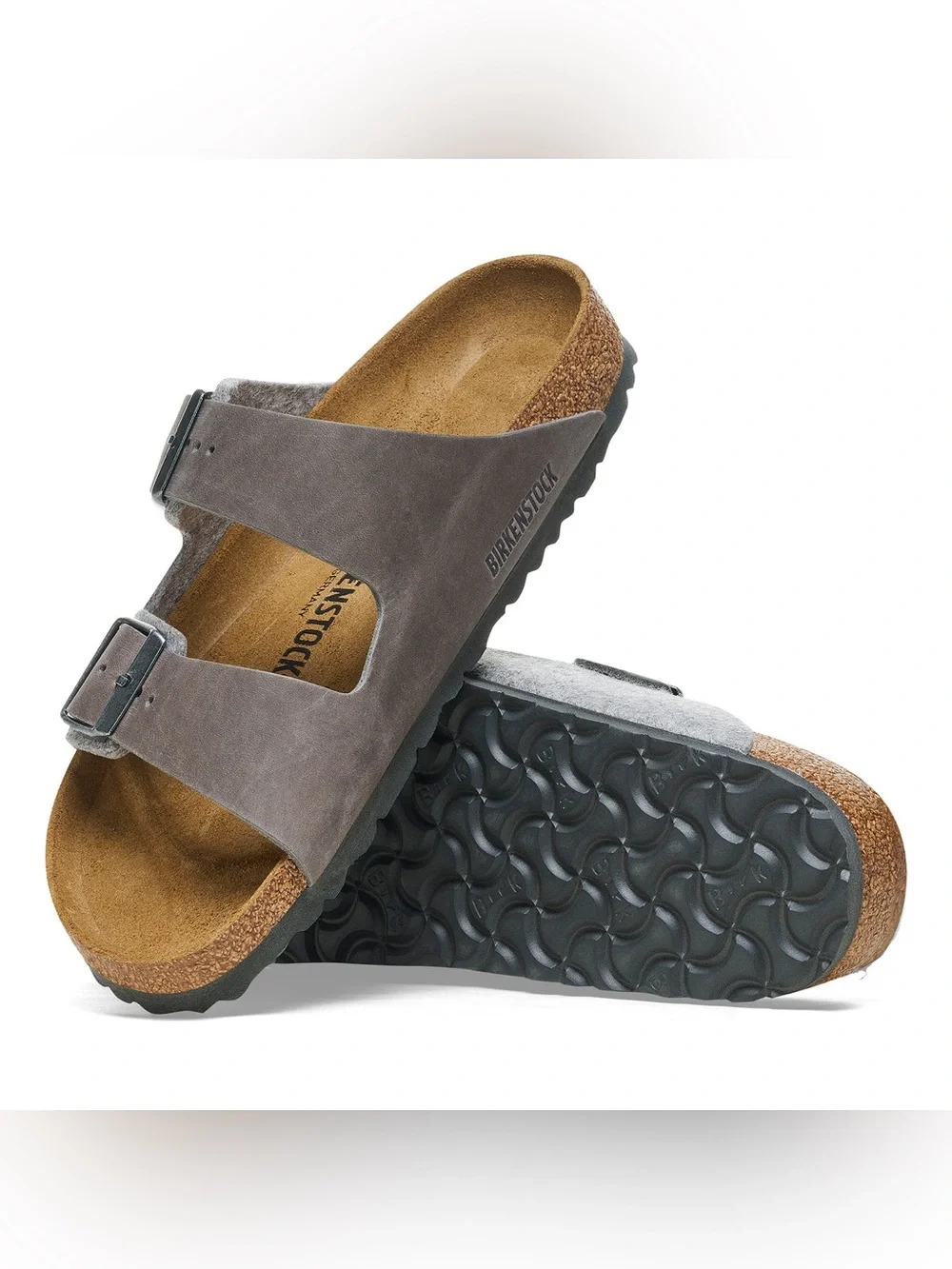 Birkenstock Arizona Two Strap Sandal Iron Oiled Leather Light Gray Wool EU 39